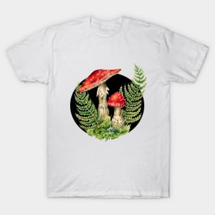 Cottagecore Fairy Mushrooms, Toadstool and Ferns, Fungus Mycology Art, Amanita Muscaria T-Shirt